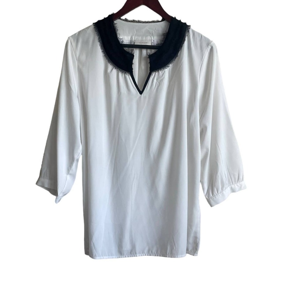Chicos Women Tunic Top L Ivory Frayed Collar Boho‎ Artsy Whimsical Office Travel